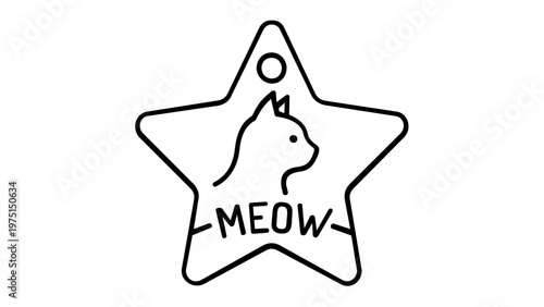 Minimalist star-shaped pet ID tag vector icon featuring a cat silhouette and meow text. Scalable black line art illustration for pet accessories, animal identification, and feline care branding.