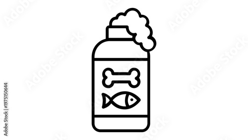 Pet Shampoo Bottle Line Icon Vector Illustration with Foam and Bone and Fish Symbols on Label. Minimalist Flat Design for Pet Grooming, Hygiene, and Care Products. Scalable AI-generated Graphic.