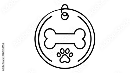 Minimalist pet tag vector icon illustration featuring a bone and paw print design. Sleek line art for dog collar identification, pet shop branding, and animal care accessories. Scalable art.