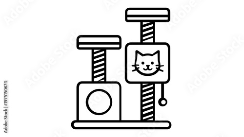 Minimalist Vector Illustration of a Cat Tree Scratching Post Icon for Pet Care Accessories, Featuring a Multi-Level Tower with a Cat House and Hanging Toy, Scalable Flat Line Art Design for Web.