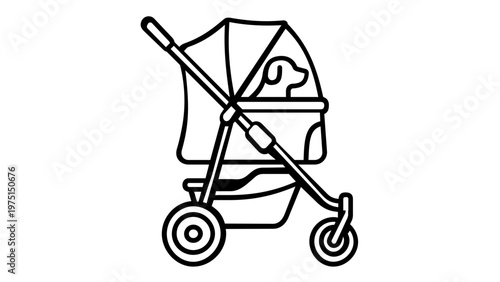 Pet stroller vector icon illustration for dog or cat transport. Minimalist line art design of a puppy carriage for outdoor walks and travel, scalable flat graphic for pet care accessories.
