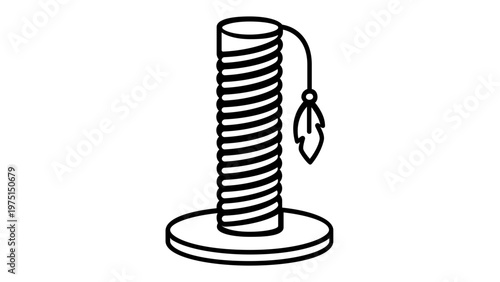 Minimalist vector icon illustration of a cat scratching post with a hanging feather toy, ideal for pet care, feline grooming, animal supply shop branding, and kitten play accessories, scalable.