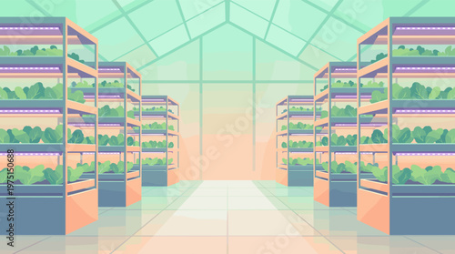 Illustration of a modern vertical farm with green plants growing on racks under LED lights. Concept for hydroponics, sustainability, and agricultural technology.