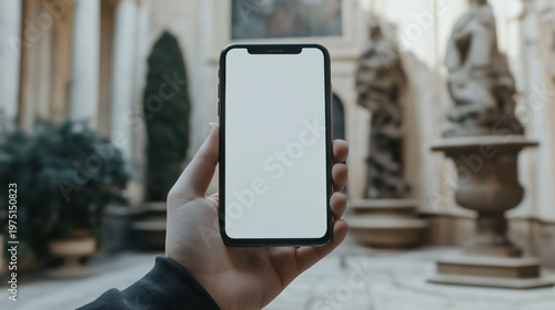 Hand holding smartphone with blank screen in european courtyard setting