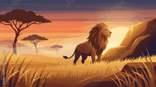 A majestic lion stands proudly in the warm glow of a savanna sunset. This vector illustration evokes power and nature, perfect for travel, wildlife, or leadership themes.