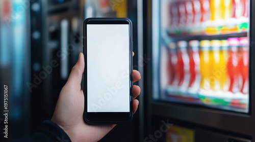 Smartphone display with vending machine blurred in background