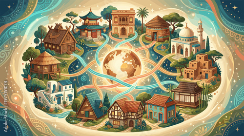 A vibrant illustration of diverse cultural houses surrounding Earth, symbolizing global unity and interconnectedness. Ideal for travel, culture, and community concepts.