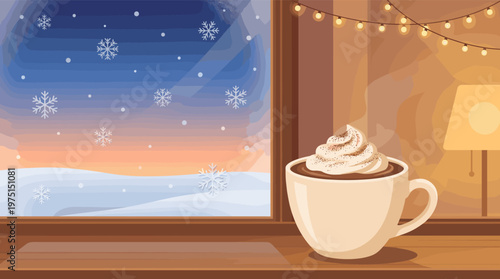 Cozy winter scene with hot chocolate by a window. A warm mug sits on a sill overlooking a snowy sunset landscape. Perfect for holiday and hygge concepts.