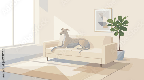 A serene illustration of an elegant greyhound resting on a beige sofa in a sunlit, minimalist living room. A peaceful, cozy scene perfect for home decor or pet lifestyle content.