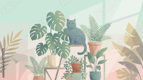 A cute grey cat sits peacefully among various potted houseplants like monstera and ferns. Modern flat vector illustration for home decor, pet care, or lifestyle concepts.
