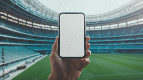 Person holding smartphone with blank screen in large empty stadium
