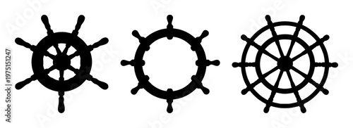Ship wheel set with a black silhouette and white background featuring steering, navigation, helm with maritime and nautical elements
