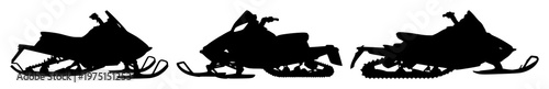 Snowmobile set with single bold black silhouette on clean white background featuring snowmobile, winter sports, motor vehicle with ski resort and adventure