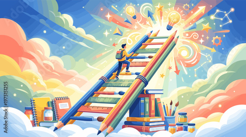 Inspirational illustration of a student climbing a ladder of pencils and books to reach for new ideas and knowledge. A metaphor for education, growth, and achieving goals.