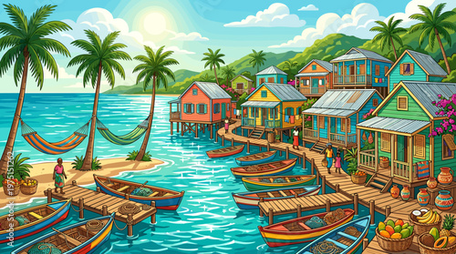 A colorful cartoon illustration of a bustling Caribbean fishing village. Features stilt houses, palm trees, and boats on turquoise water. Ideal for travel, tourism, or cultural themes.