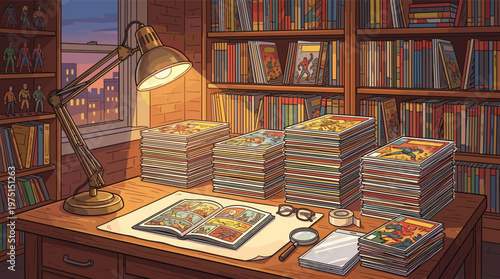 Cozy illustration of a comic book collector's desk at night. Stacks of comics, a warm lamp, and bookshelves create a nostalgic mood. Perfect for hobby and pop culture themes.