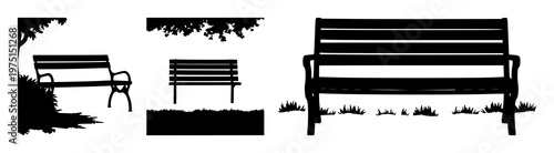 Park bench set with flat black silhouette on white background featuring benches, silhouette, outdoor furniture with minimalism and park scenery