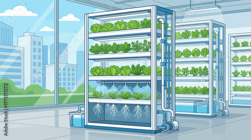Illustration of a modern vertical farm with hydroponic racks growing fresh greens. A futuristic concept for sustainable urban agriculture, technology, and healthy food production.