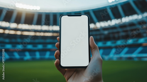 Person holding smartphone with blank screen in stadium setting