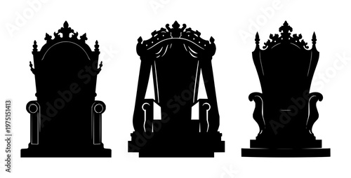Throne set with black silhouette against crisp white background featuring regal throne, medieval design, historical furniture with silhouette and background