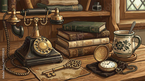 Illustrated still life of a vintage desk with a rotary phone, old books, a pocket watch, and a key. Cozy, nostalgic mood for historical or mystery themes.