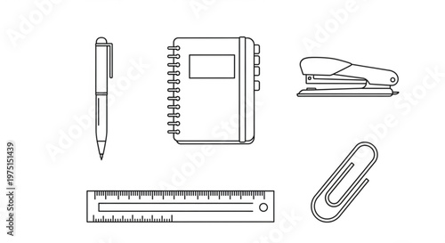 A set of office supplies including a pen, notebook, stapler, ruler, and paperclip in a simple line art style