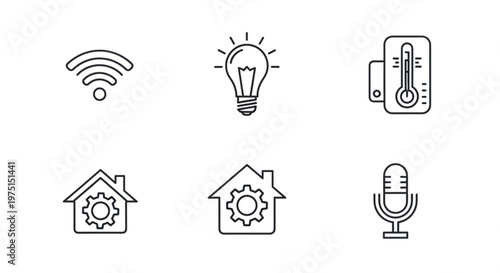 A set of six modern line art icons representing smart home technology and automation