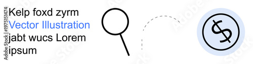 Financial analysis, economic research, business strategies, wealth management, monetary growth, organizational planning. Magnifying glass, dashed line dollar symbol. Financial analysis and economic