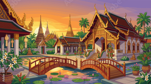 Serene illustration of a Thai Buddhist temple at sunset with golden stupas, a lotus pond, and bridge. Ideal for travel, culture, spirituality, or wellness concepts.