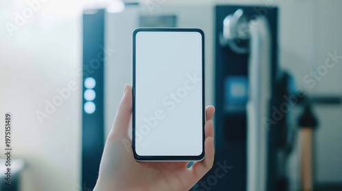 Hand holding smartphone with blank screen in modern interior setting