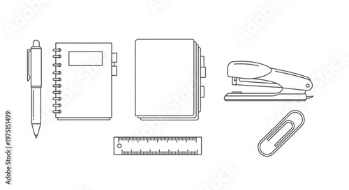 A set of office supplies including a pen, notebook, stapler, ruler, and paperclip in a minimalist line art style