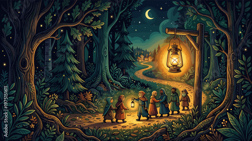 A group of pilgrims walks a winding path through an enchanted forest at night, guided by lanterns. A magical, hopeful scene for fantasy, adventure, or storytelling.