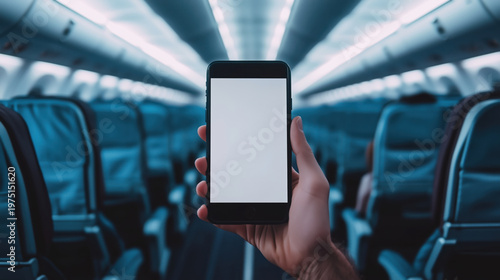 Hand holding smartphone with blank screen inside airplane cabin