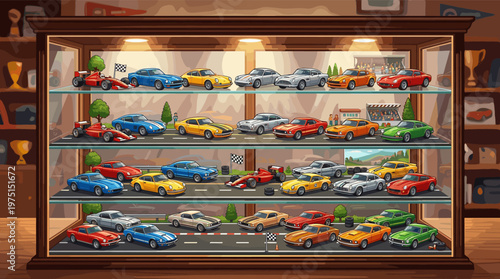 An illustration of a wooden display case filled with a collection of colorful vintage toy race cars. A concept for hobbies, passion, collecting, and automotive passion.