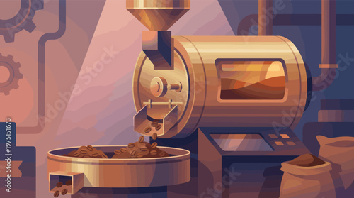 Vector illustration of an industrial coffee roaster in action. Freshly roasted beans fall into a cooling bin. Perfect for coffee brands, cafes, and production concepts.