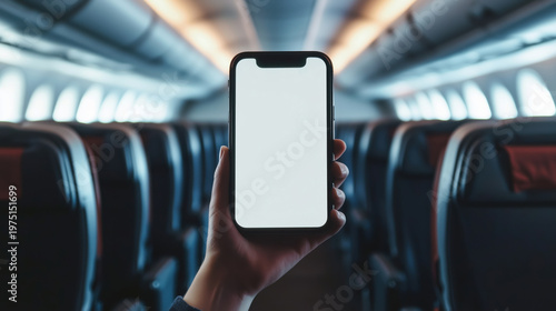 Blank smartphone screen held in airplane cabin interior with empty seats