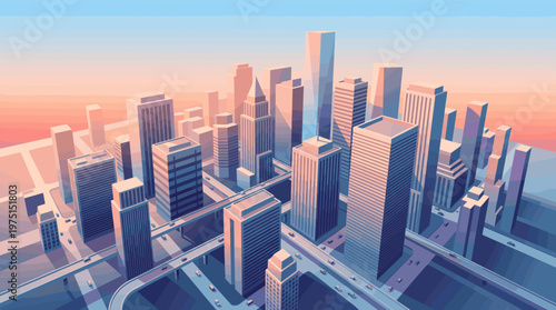 Aerial view of a futuristic city at sunrise. Stylized vector illustration of skyscrapers and highways. Perfect for technology, business, or urban development concepts.