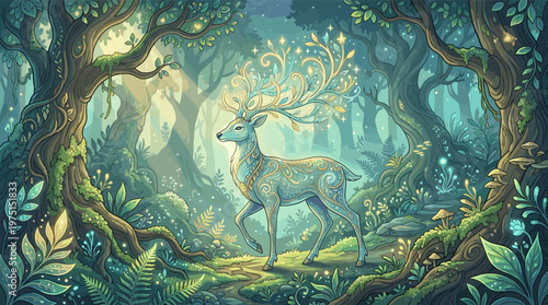 A mystical deer with glowing, ornate antlers walks through a magical, sunlit forest. This fantasy illustration evokes wonder, perfect for book covers, fantasy, or nature themes.