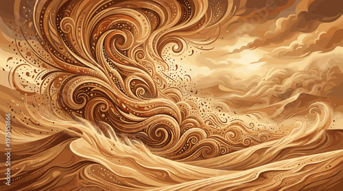 Artistic illustration of flowing, swirling liquid chocolate or coffee. A warm, elegant, and dynamic background for luxury branding, cafes, websites, and packaging design.
