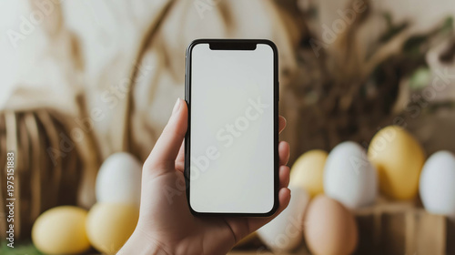 Female hand holding smartphone with blank screen and easter eggs in background