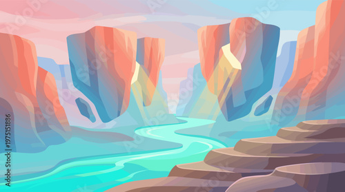 A vibrant, stylized illustration of a majestic canyon with a turquoise river. The serene, colorful scene is perfect for travel, adventure, or nature themed backgrounds.