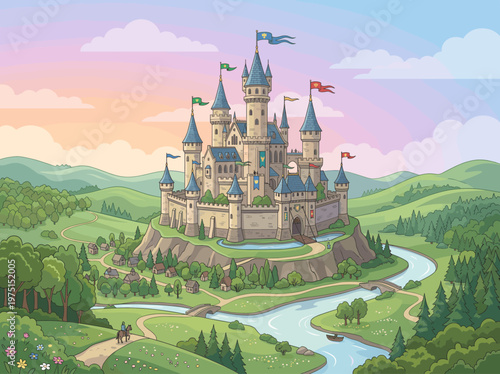A beautiful cartoon castle on a hill over a village, river, and forest. Magical, whimsical scene perfect for children's books, games, or fantasy-themed projects.