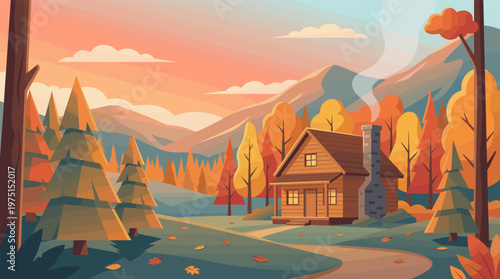 A cozy wooden cabin with a smoking chimney nestled in an autumn mountain forest. This warm, peaceful vector is ideal for travel, vacation, or seasonal designs.