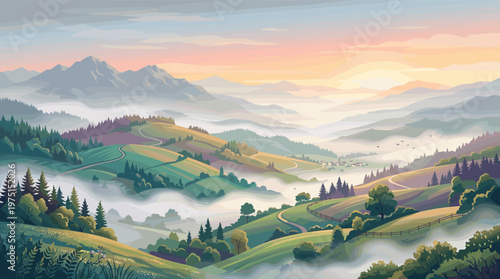 A beautiful vector illustration of a mountain valley at sunrise. Rolling hills, fog, and a peaceful village create a serene, idyllic scene perfect for travel or background use.