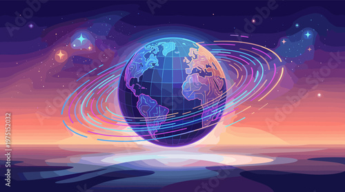 Vibrant illustration of a digital Earth in space with glowing rings. Represents global technology, data, and future networks. Ideal for tech, business, or science concepts.