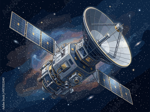 A detailed vector illustration of a satellite in outer space against a starry background. For technology, communication, or science fiction themes.