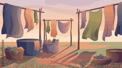 An illustration of a traditional fabric dyeing process. Colorful clothes hang to dry on wooden lines at sunset, creating a warm, rustic, and peaceful atmosphere.