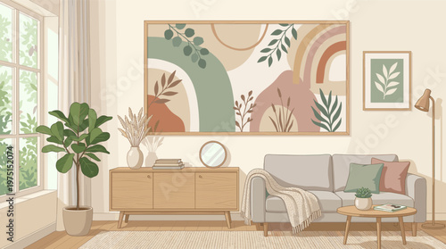 Vector illustration of a modern, cozy living room in a Japandi style. Features a sofa, plants, and abstract art. Ideal for home decor blogs and lifestyle concepts.