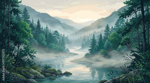 A serene vector illustration of a misty mountain valley with a winding river and pine forest. Peaceful and calm, ideal for travel, nature, or wellness backgrounds and concepts.