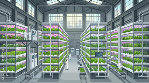 Illustration of a futuristic vertical farm. Scientists and robots manage hydroponic plants under LED lights. Concept for modern agriculture, technology, and sustainable food production.